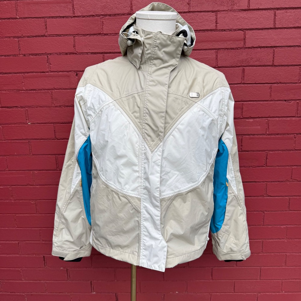 DC Exotex 10K Snowboard Ski Jacket Hooded Beige White Blue Womens Size Medium